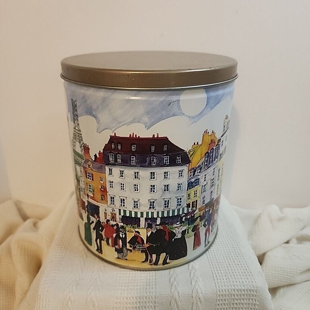 1998 Parisian Vignette Trail’s End Gourmet Popcorn Collectible Tin - Round Empty